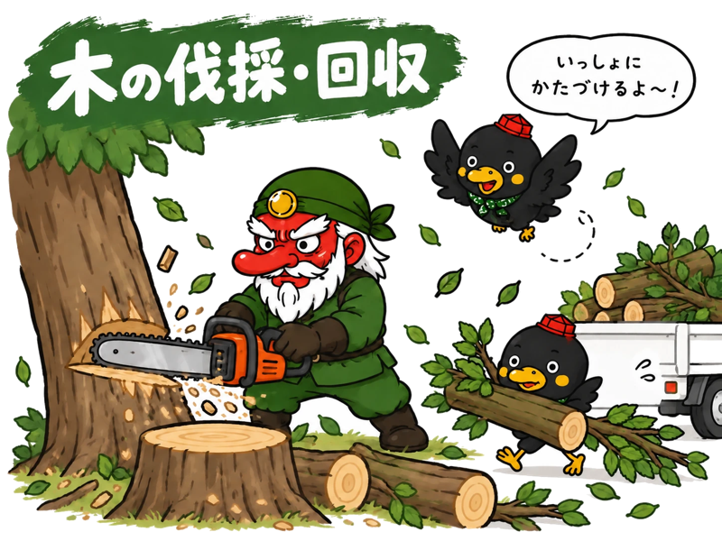 チェーンソーで木を伐採する天狗と、枝を運ぶ鴉天狗