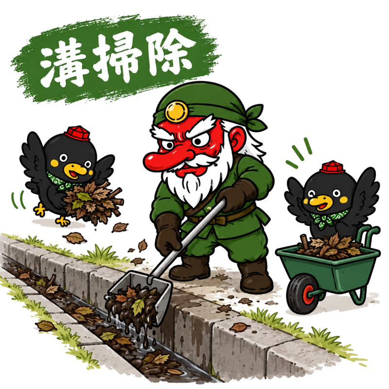側溝の泥をすくう天狗と、落ち葉を運ぶ鴉天狗