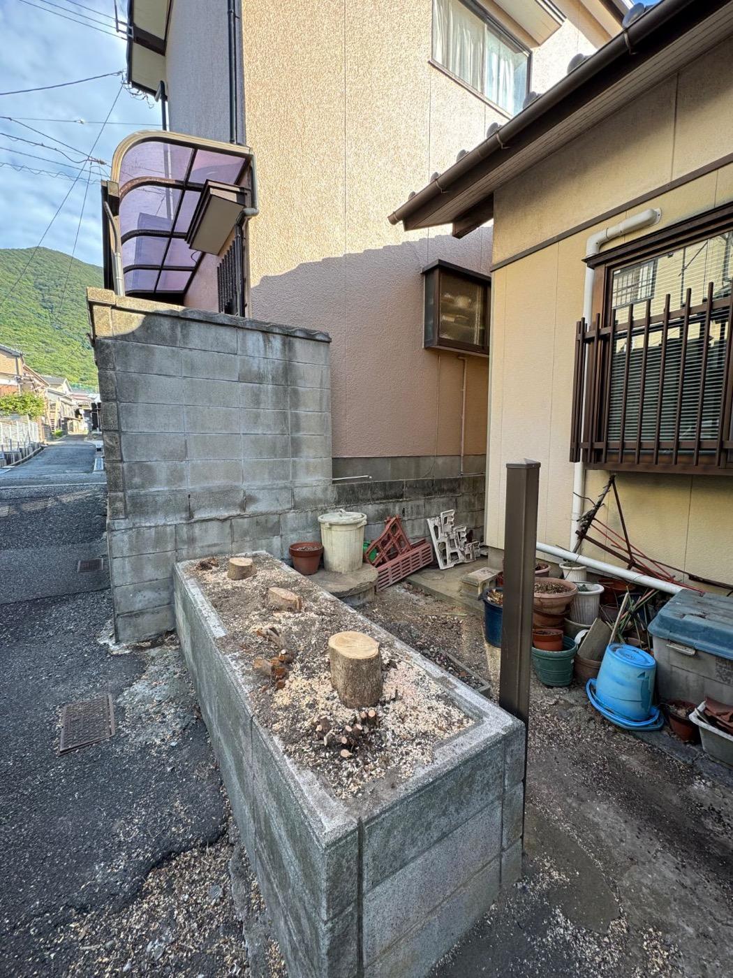 作業後：木を伐採し、枝と幹を回収した玄関まわり